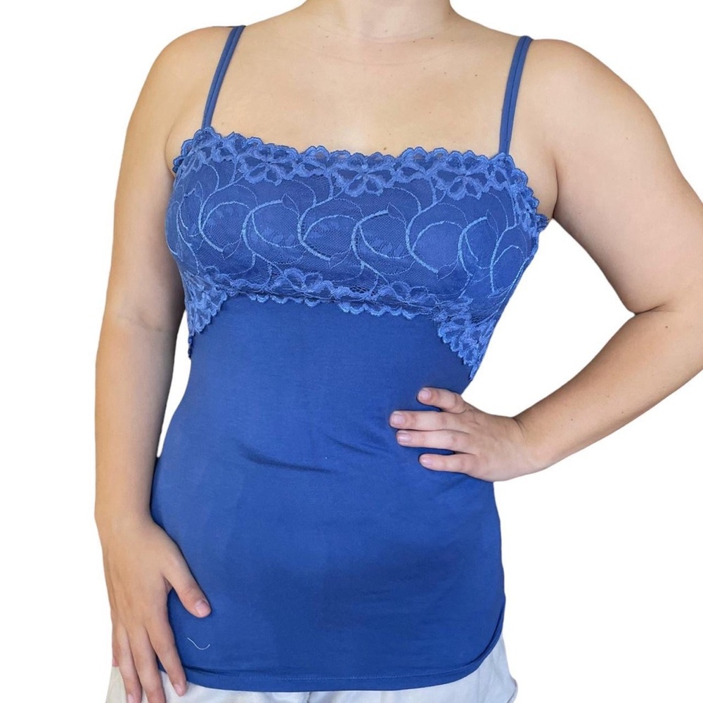 BLUE FELINA SQUARE NECK LACE-LINED CAMI TANK TOP size large